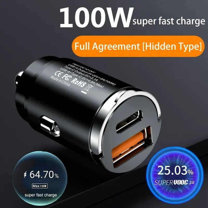 Bluejw 100W USB Car Charger, New Arrival Metal Dual Port Super Fast QC3.0 & PD 15W Mini Cigarette Lighter Automobile Charger - Image 3